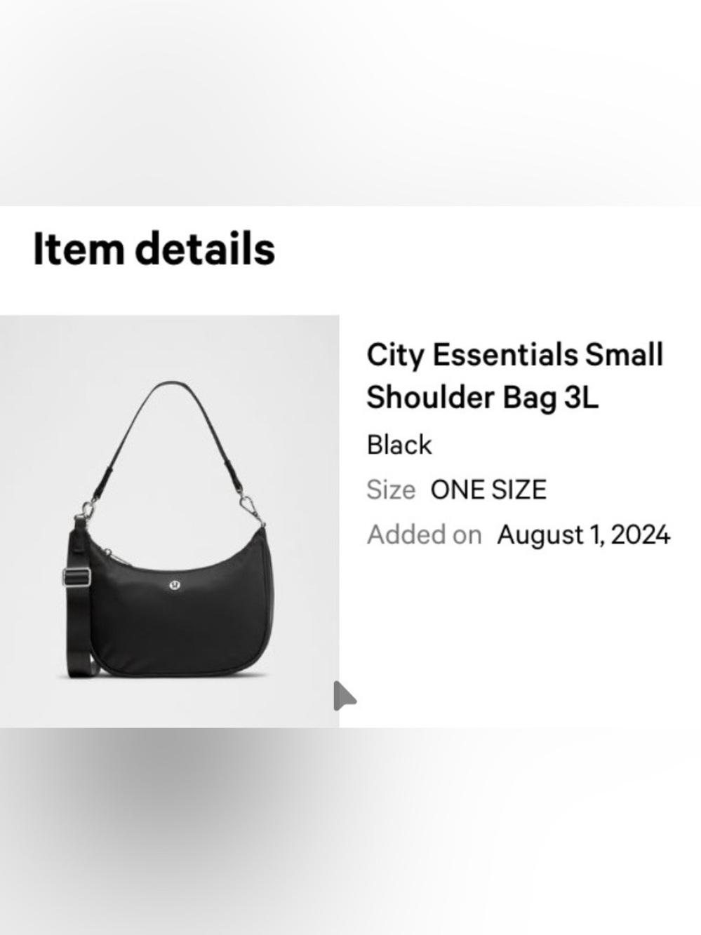 NWOT lululemon City Essentials Small Shoulder Bag - Black